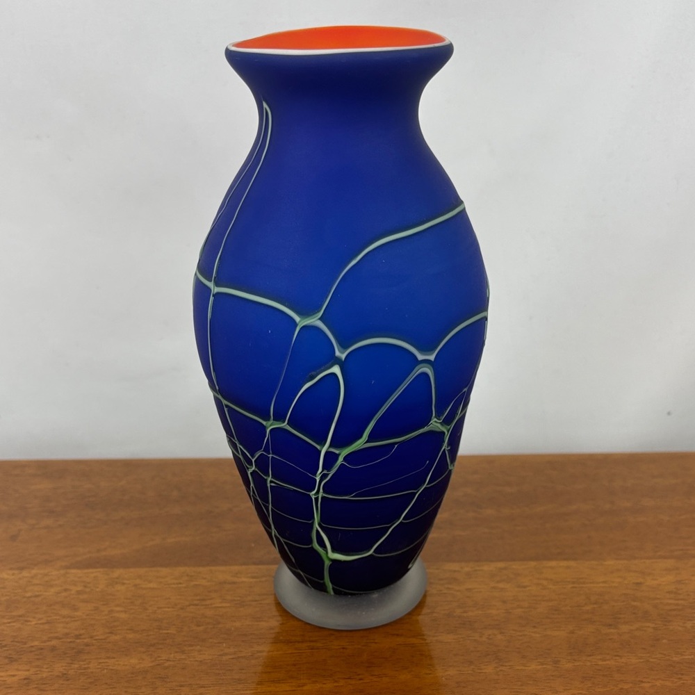 Hand blown satin cobalt, orange mint green  threaded Azerbaijan art glass vase